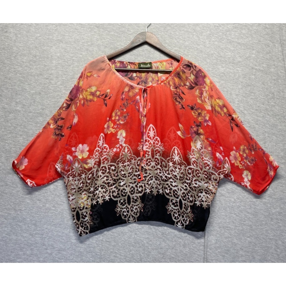 Maude Sheer Blouse Top Womens Medium Multicolor Floral Tie Neck Dolman Sleeve